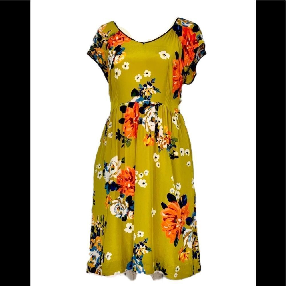 Anthropologie Moulinette Soeurs Silk Dress- 8 gold /green floral ,